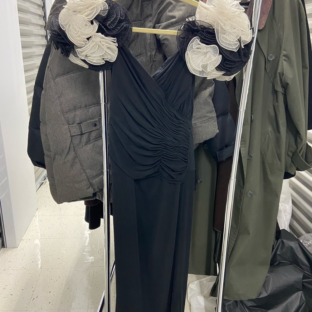 Rose Taft Black Strapless Dress with White Floral Accents